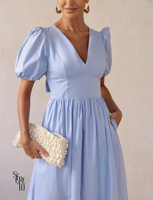 Vestido Midi Laço nas Costas e Manga Bufante Raphaela Azul