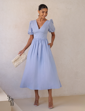 Vestido Midi Laço nas Costas e Manga Bufante Raphaela Azul