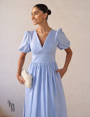 Vestido Midi Laço nas Costas e Manga Bufante Raphaela Azul