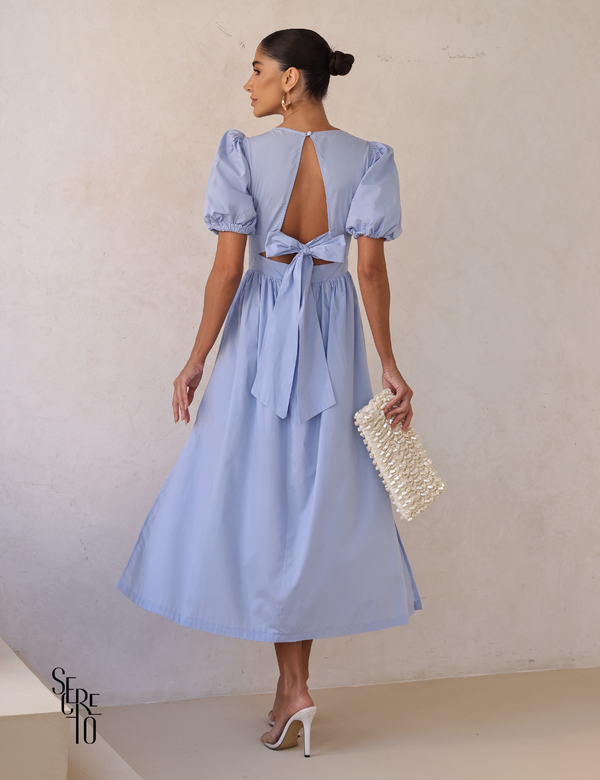 Vestido Midi Laço nas Costas e Manga Bufante Raphaela Azul