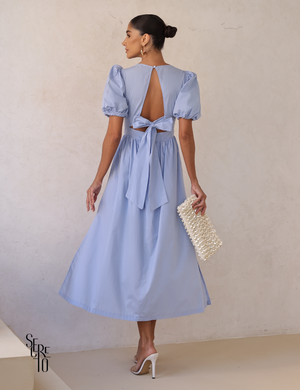 Vestido Midi Laço nas Costas e Manga Bufante Raphaela Azul