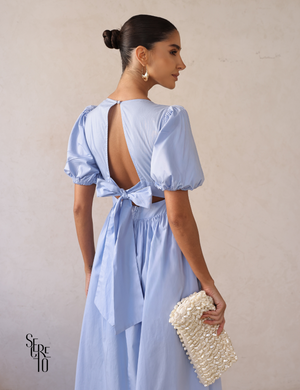 Vestido Midi Laço nas Costas e Manga Bufante Raphaela Azul