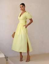 Vestido Midi Laço nas Costas e Manga Bufante Raphaela Amarelo