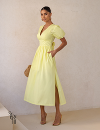 Vestido Midi Laço nas Costas e Manga Bufante Raphaela Amarelo