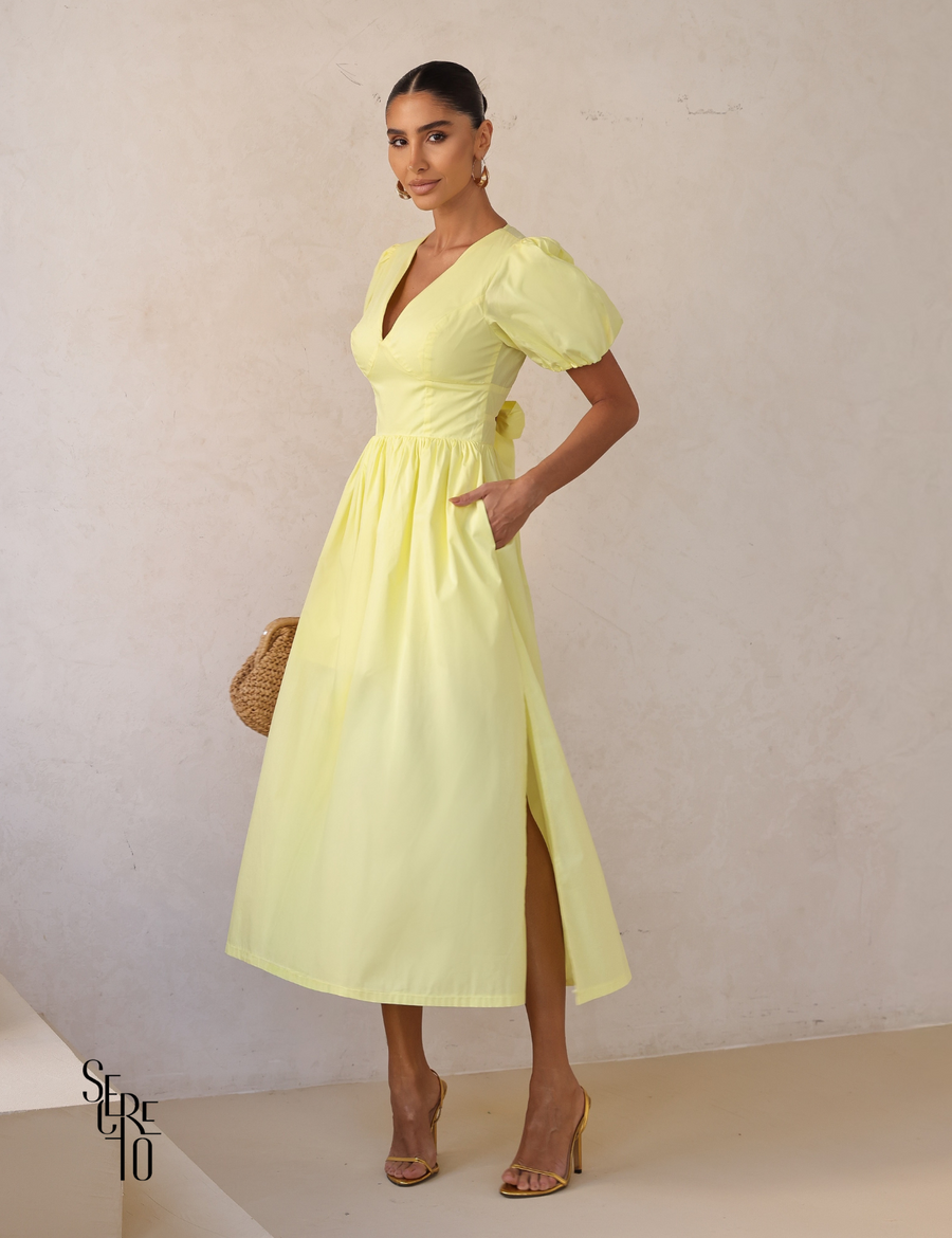 Vestido Midi Laço nas Costas e Manga Bufante Raphaela Amarelo