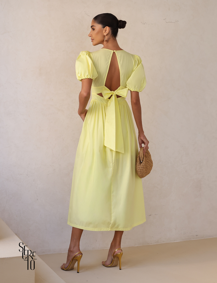 Vestido Midi Laço nas Costas e Manga Bufante Raphaela Amarelo