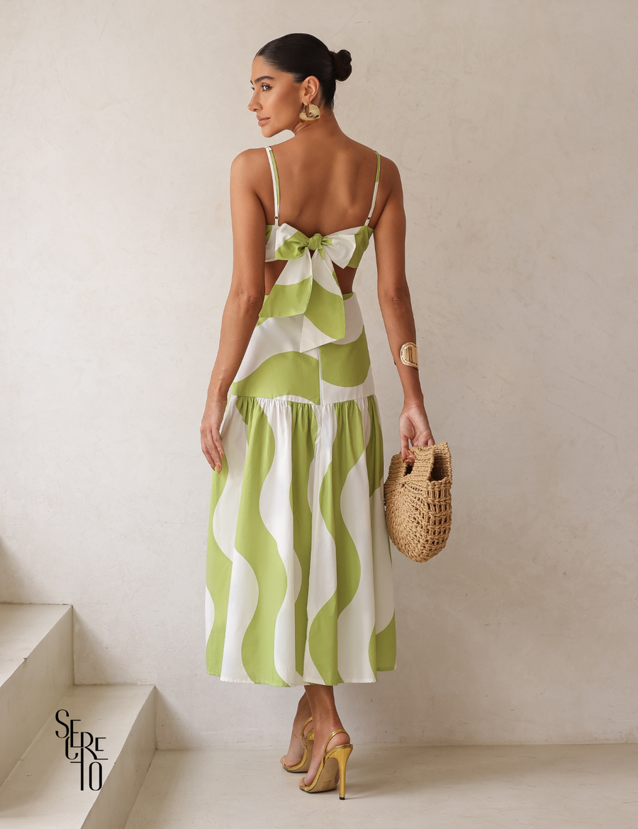 Vestido Midi Estampado Recortes e Laço Guilla Verde