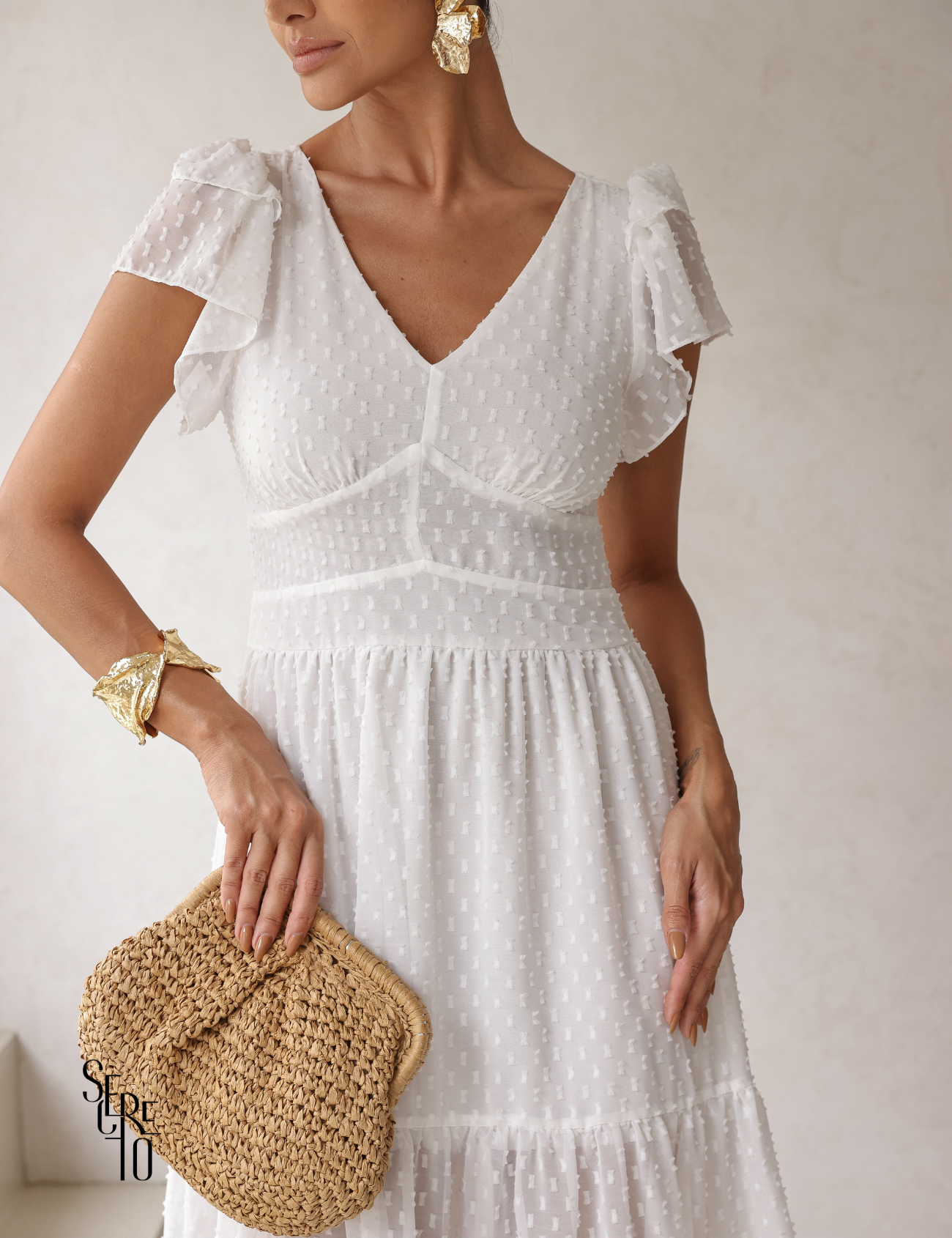 Vestido Midi Texturizado com Babados Tania Branco