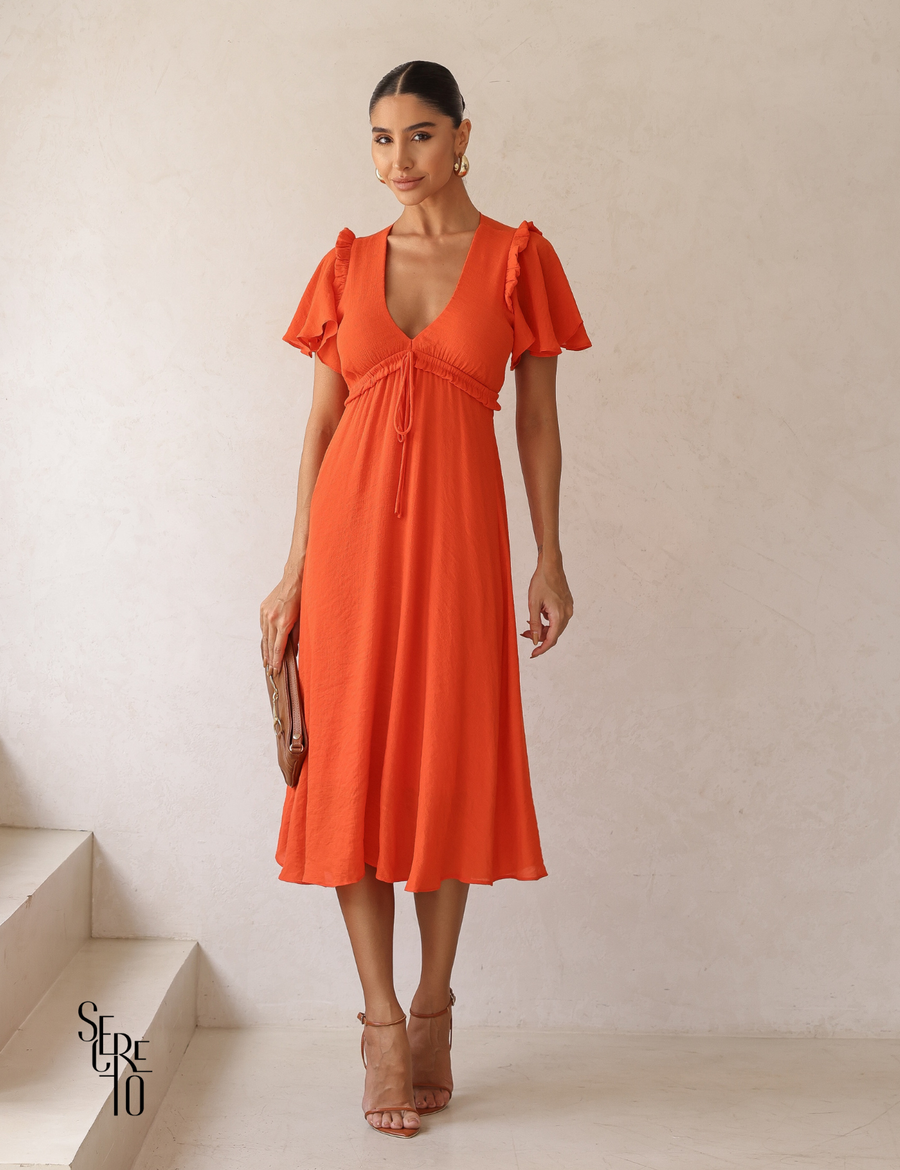Vestido Midi com Amarração e Babados Pamela Coral