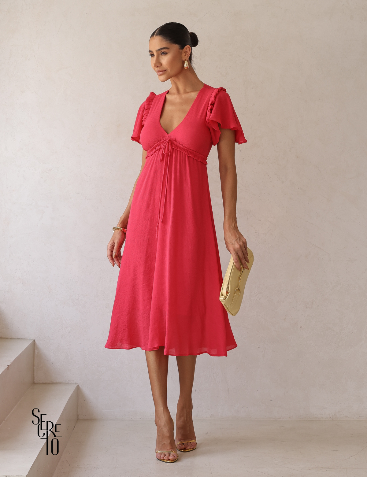 Vestido Midi com Amarração e Babados Pamela Pink