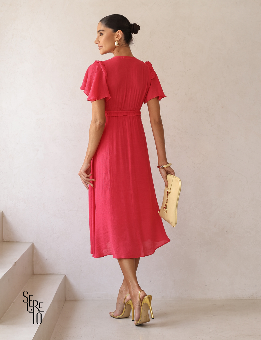 Vestido Midi com Amarração e Babados Pamela Pink