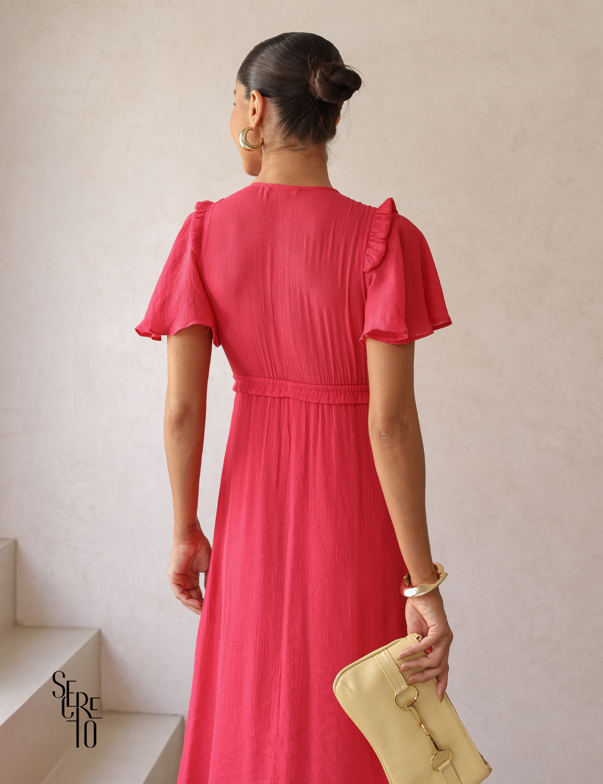 Vestido Midi com Amarração e Babados Pamela Pink