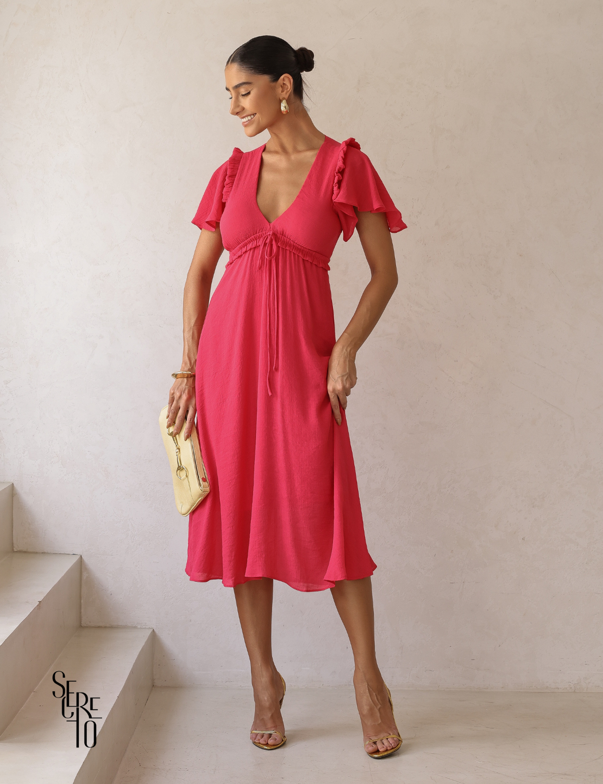 Vestido Midi com Amarração e Babados Pamela Pink