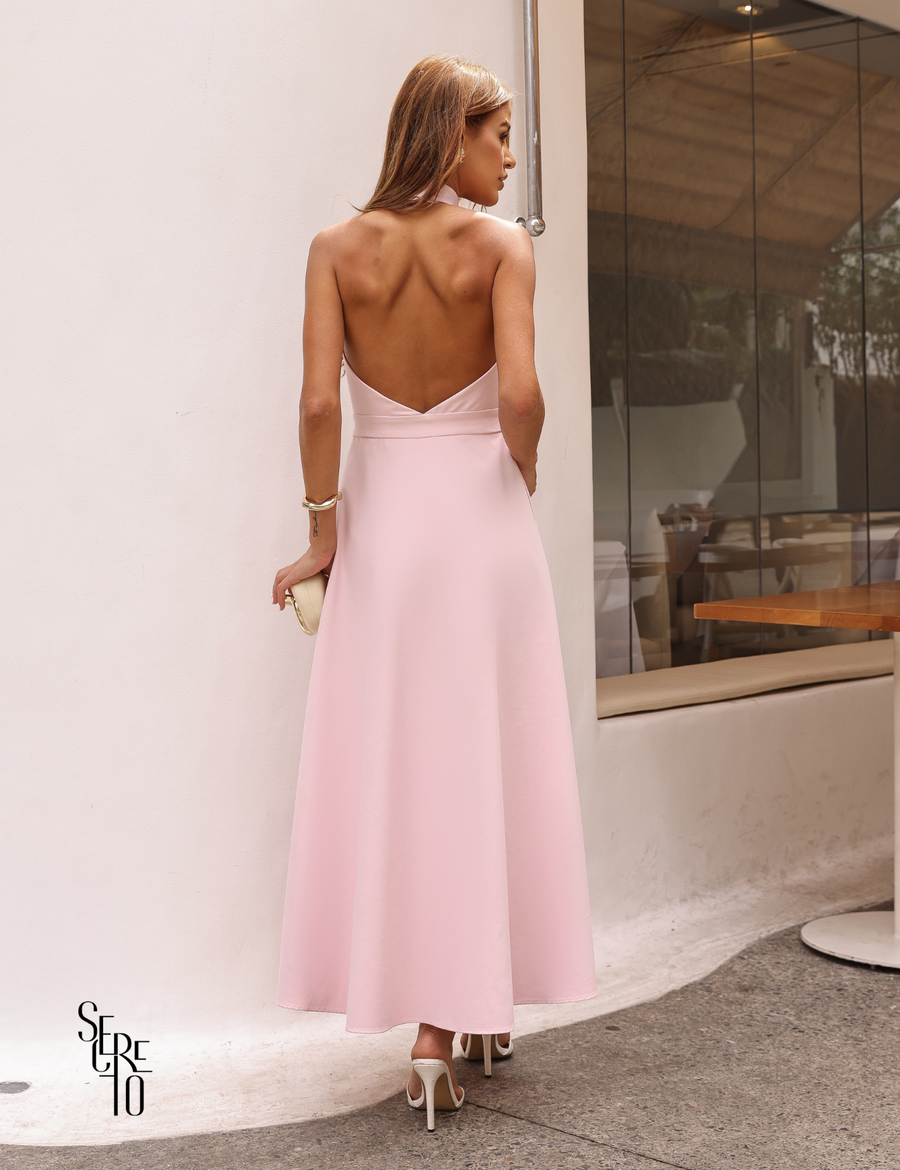 Vestido Longo Alfaiataria com Gola e Botões Roze Rosa Claro