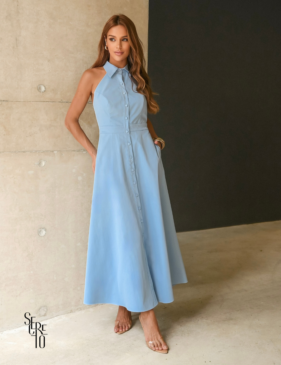 Vestido Longo Alfaiataria com Gola e Botões Roze Azul Claro