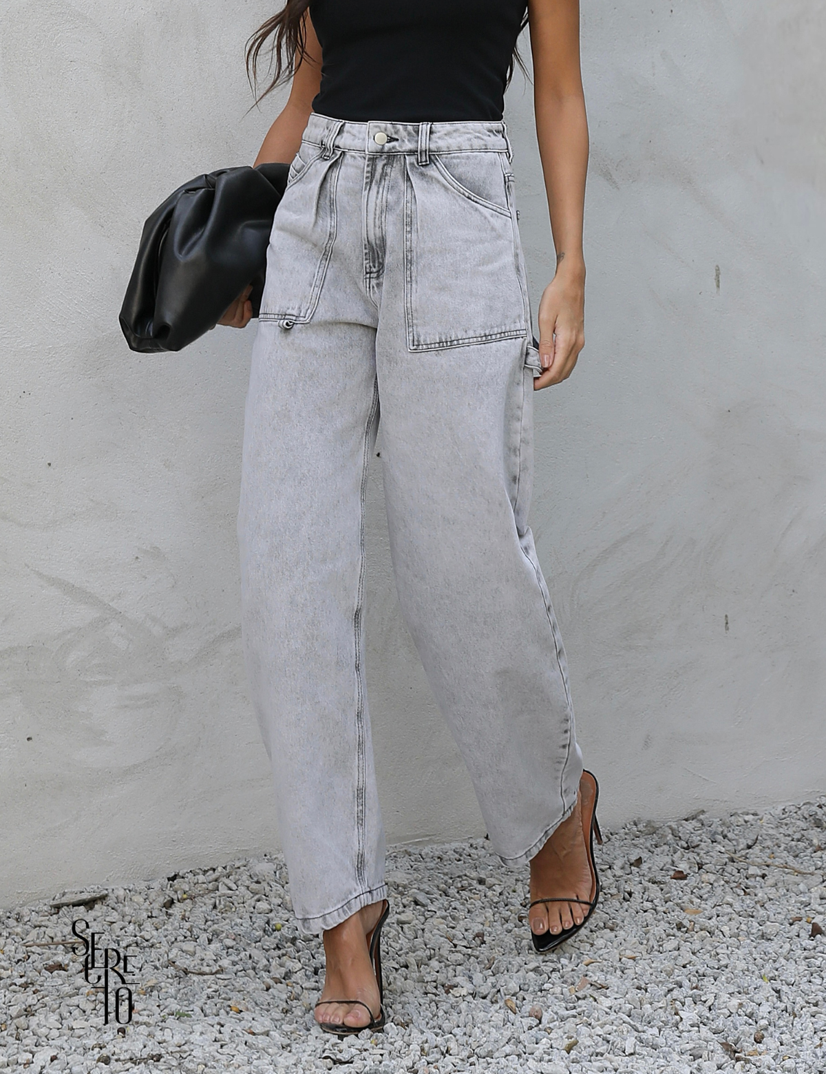 Calça Jeans Wide Leg Cintura Alta Meri Cinza Claro