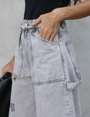 Calça Jeans Wide Leg Cintura Alta Meri Cinza Claro