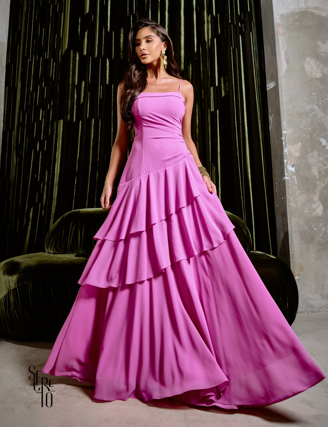 Vestido Longo com Camadas Elane Rosa Chiclé