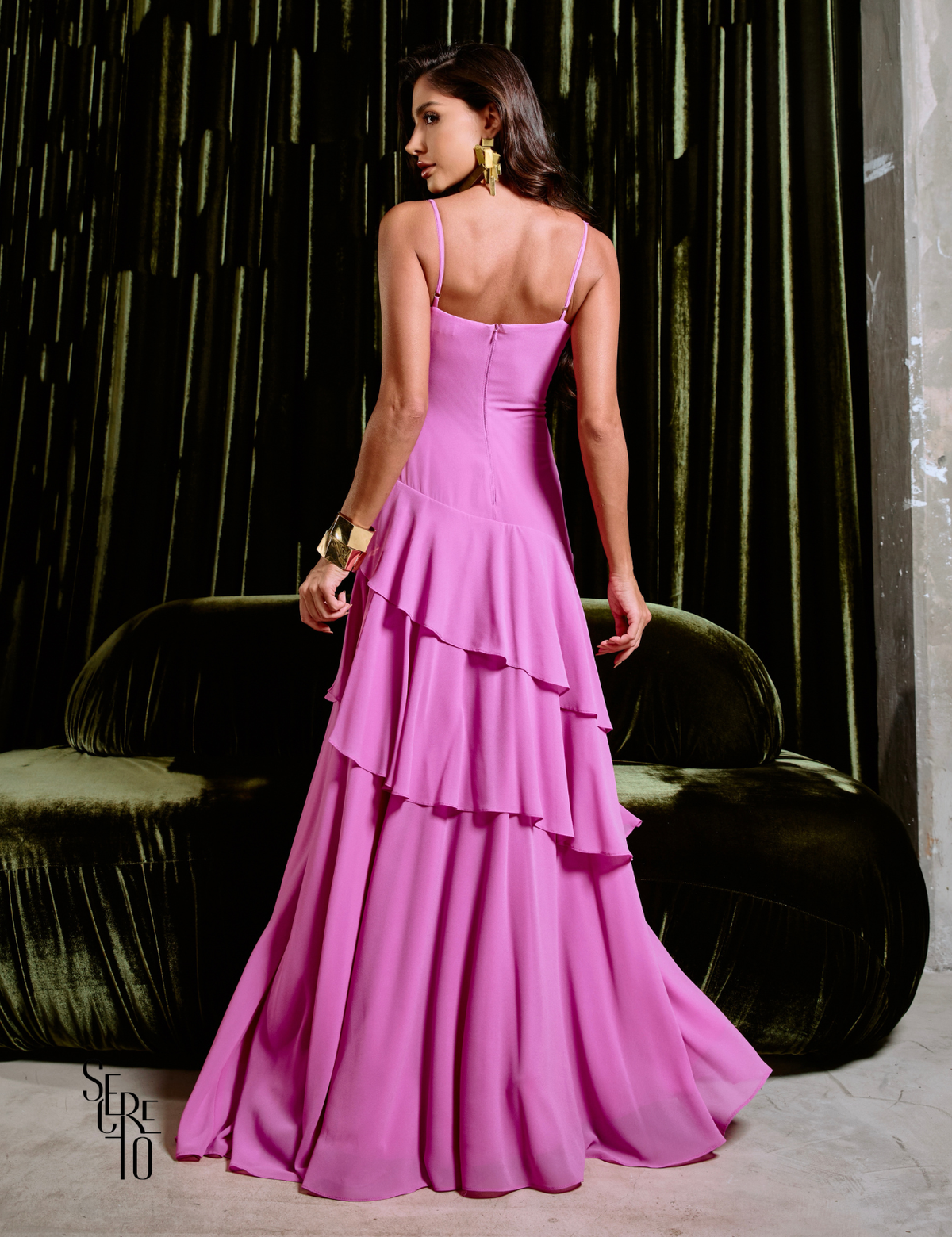 Vestido Longo com Camadas Elane Rosa Chiclé