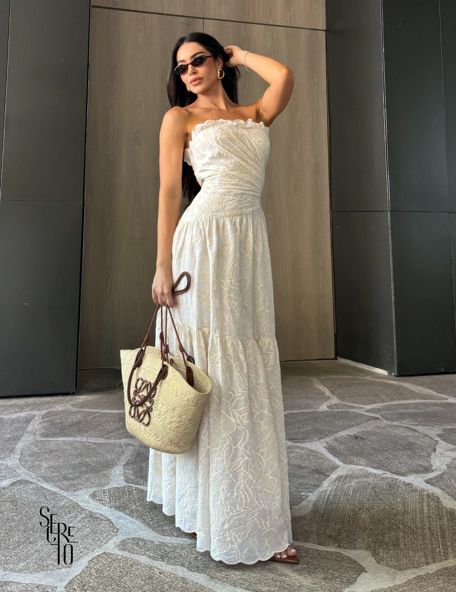 Vestido Longo Bordado Tomara que Caia Mari Off White