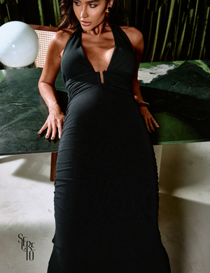 Vestido Midi Halter Malha Canelada Power Lara Preto