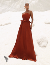 Vestido Longo Crepe Plissado Elisa Terracota