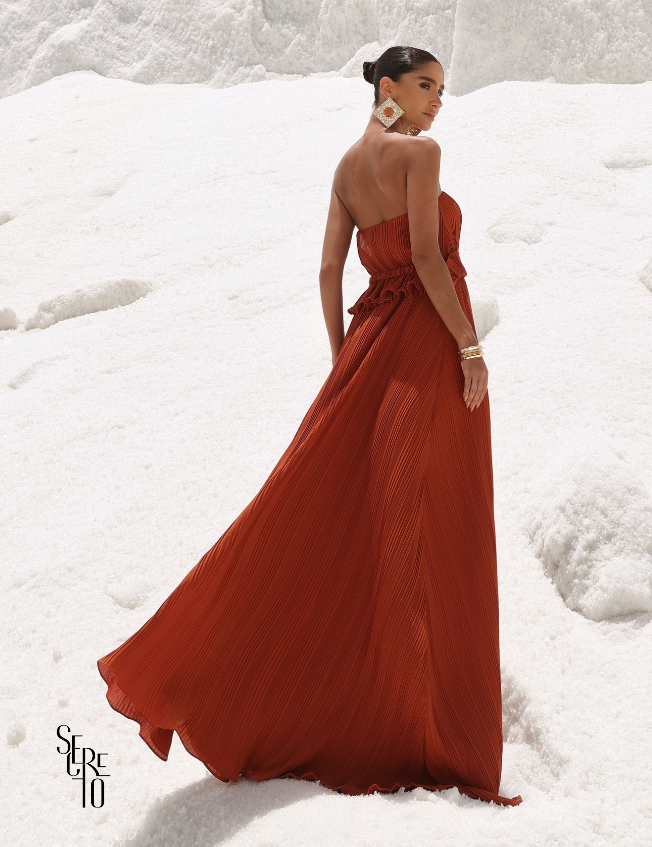 Vestido Longo Crepe Plissado Elisa Terracota