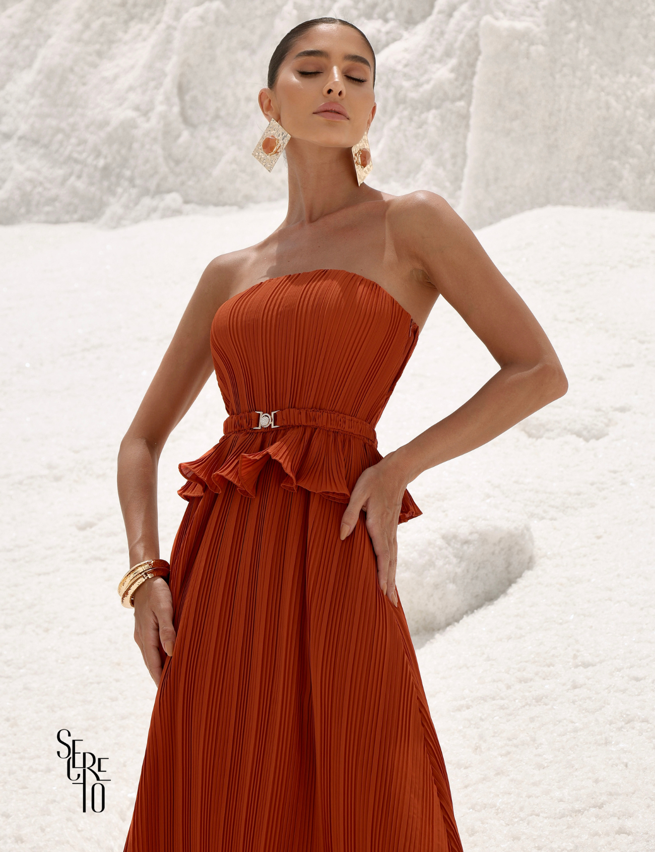 Vestido Longo Crepe Plissado Elisa Terracota