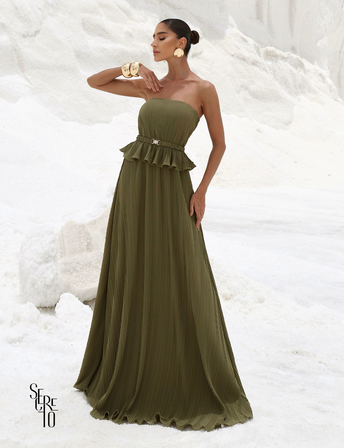 Vestido Longo Crepe Plissado Elisa Verde Musgo