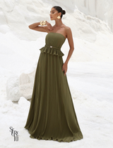 Vestido Longo Crepe Plissado Elisa Verde Musgo