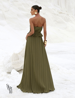Vestido Longo Crepe Plissado Elisa Verde Musgo