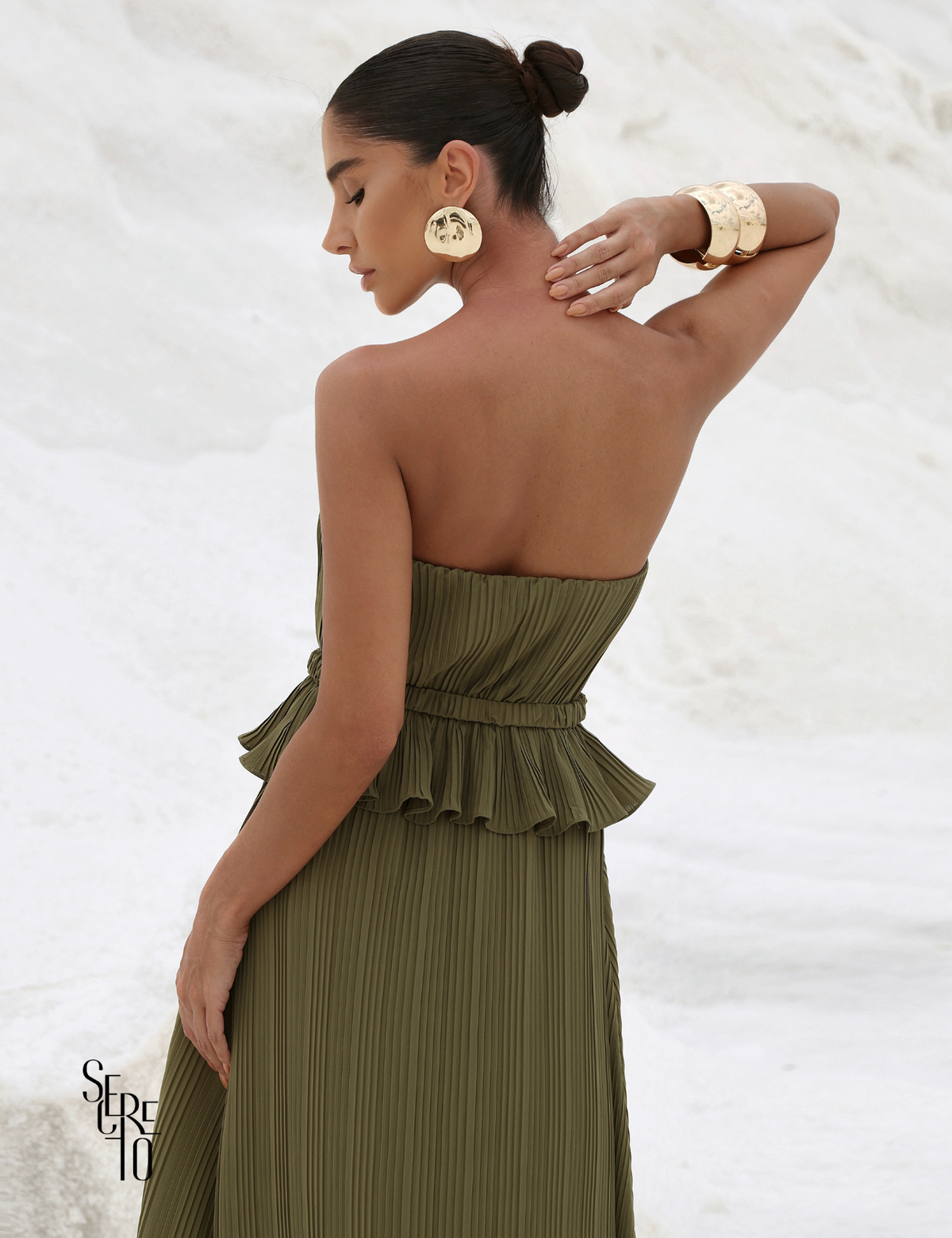 Vestido Longo Crepe Plissado Elisa Verde Musgo