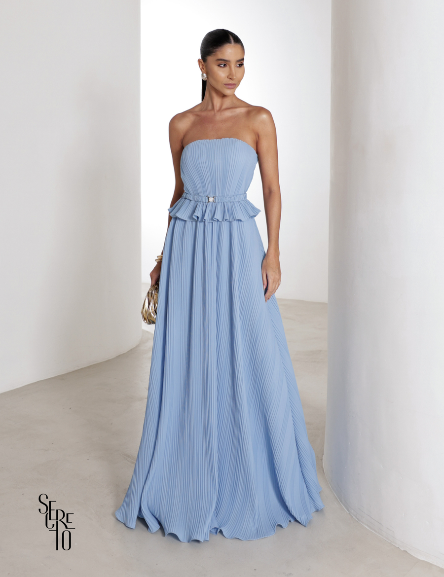 Vestido Longo Crepe Plissado Elisa Azul Serenity