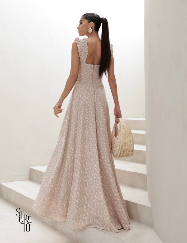 Vestido Longo em Laise com Babados Jessica Bege