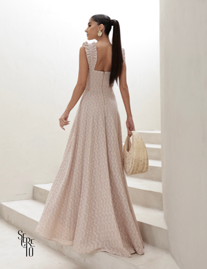 Vestido Longo em Laise com Babados Jessica Bege