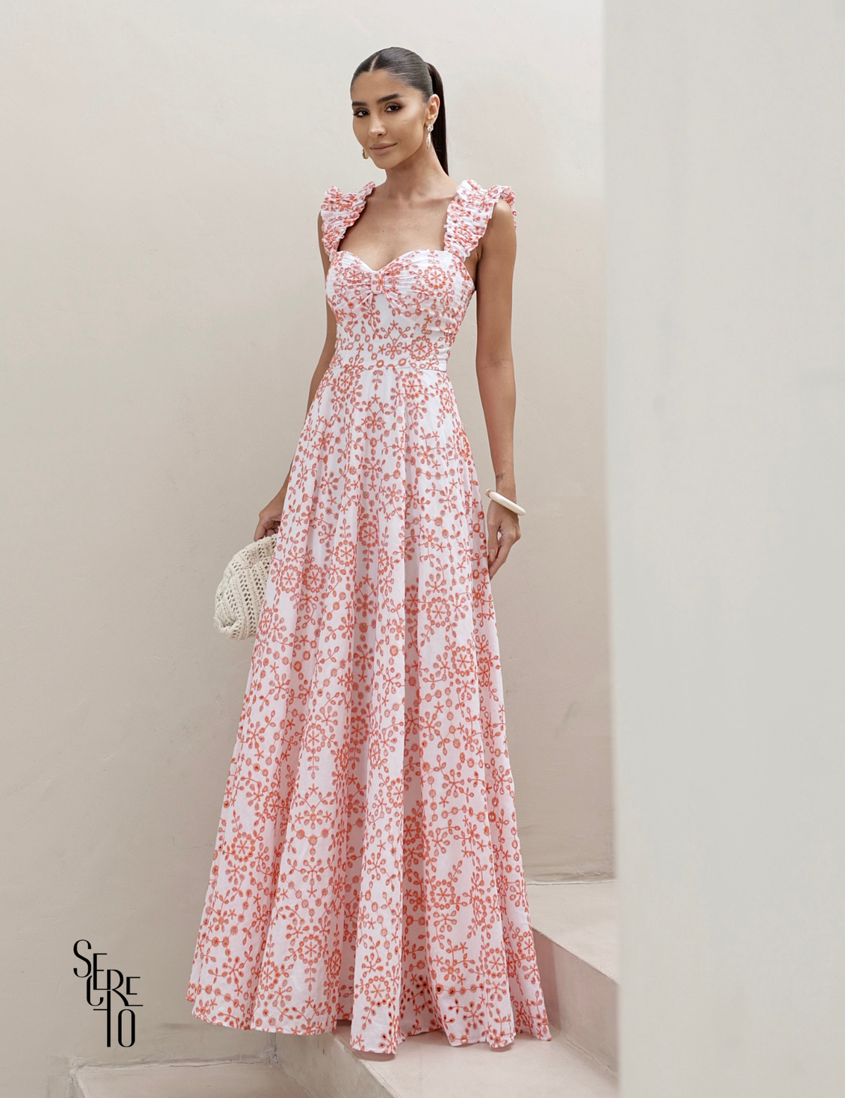Vestido Longo em Laise com Babados Jessica Laranja