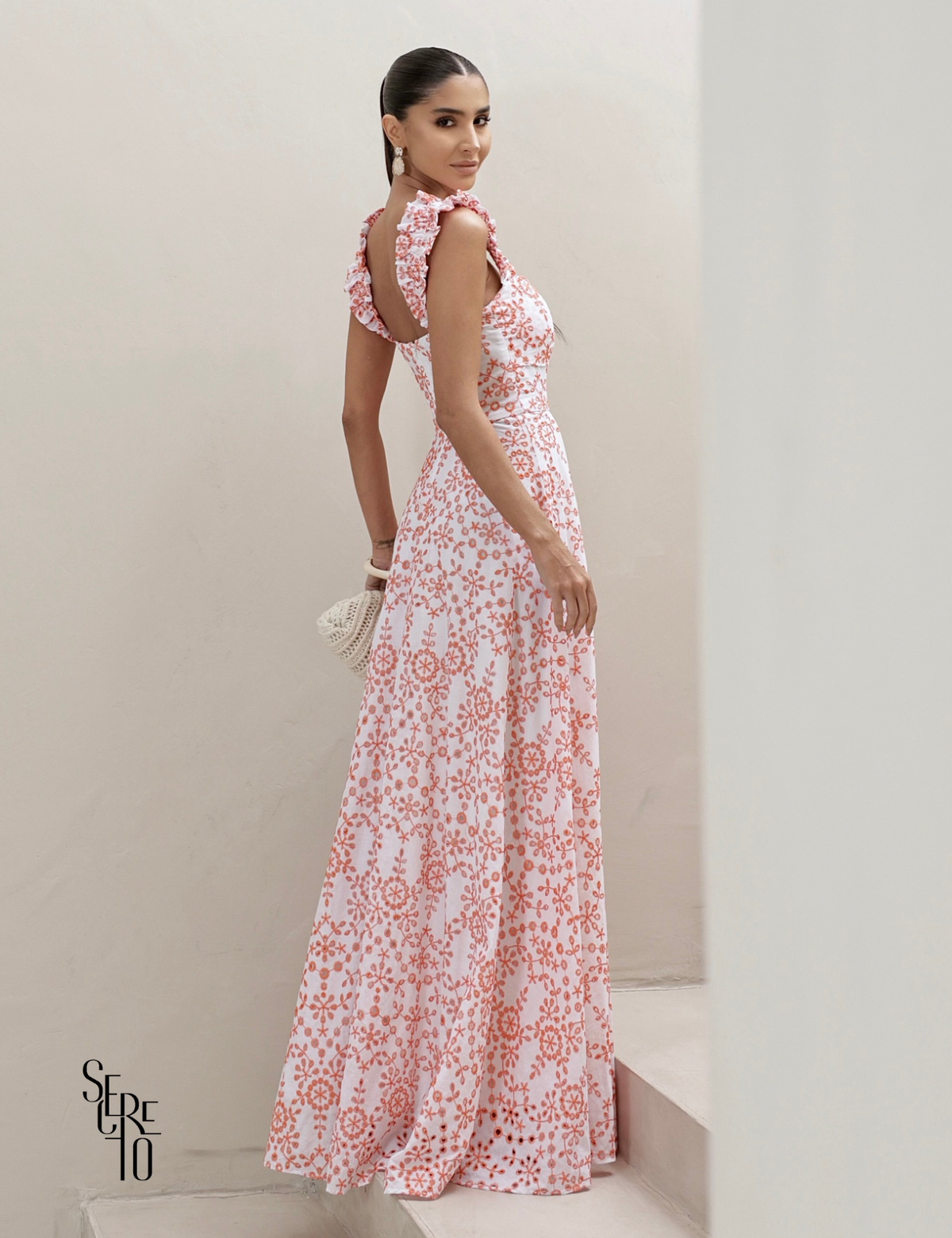 Vestido Longo em Laise com Babados Jessica Laranja