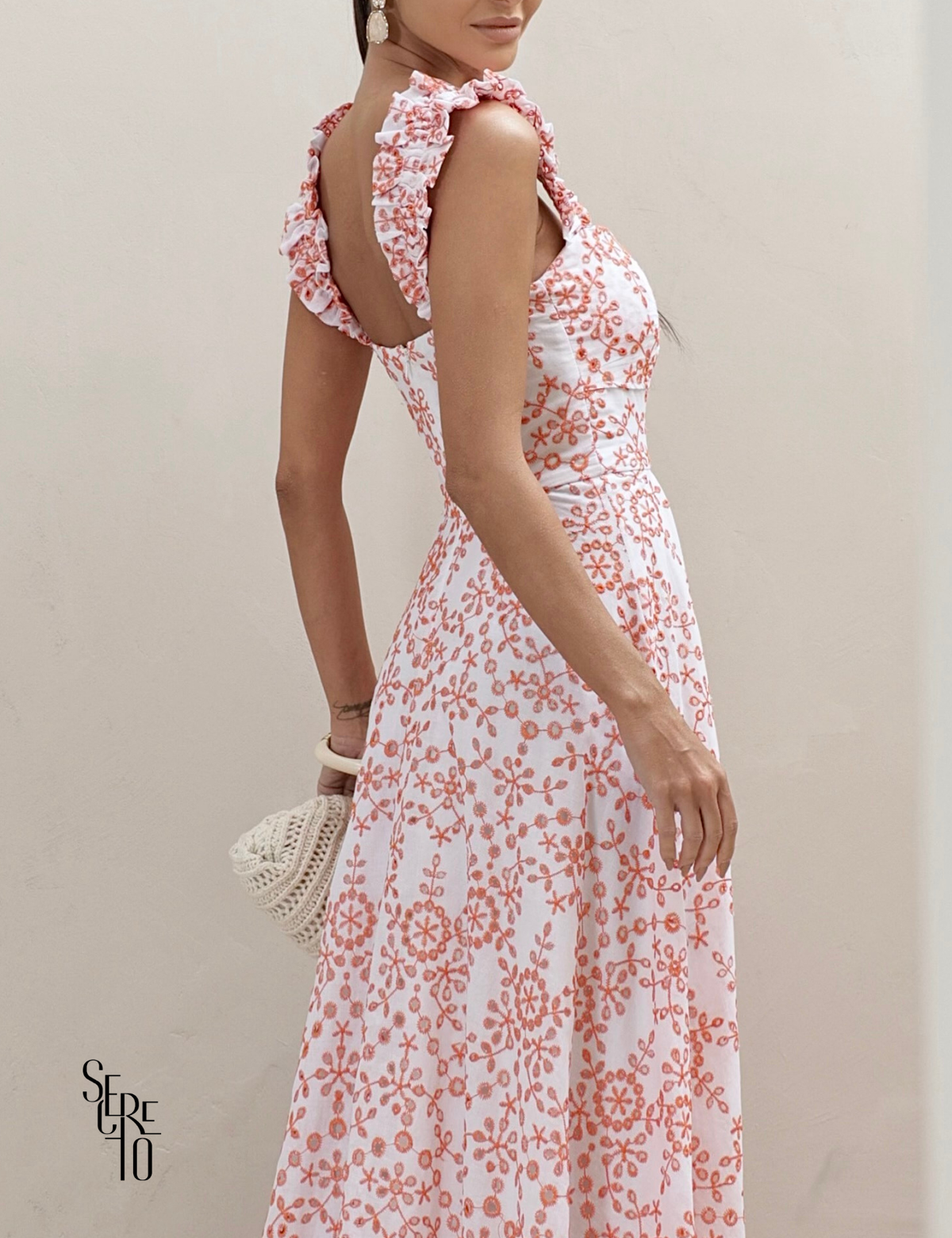 Vestido Longo em Laise com Babados Jessica Laranja