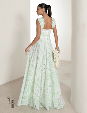 Vestido Longo em Laise com Babados Jessica Verde
