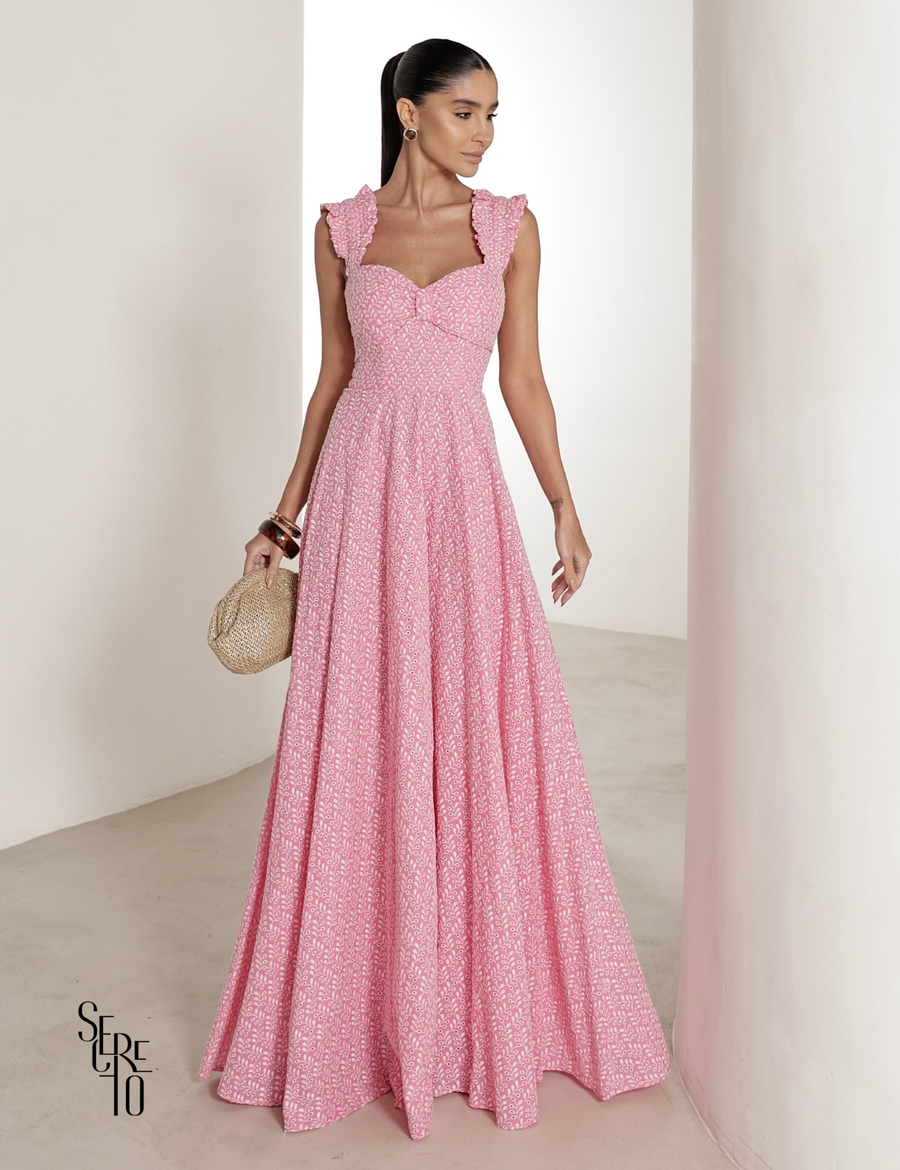 Vestido Longo em Laise com Babados Jessica Rosa