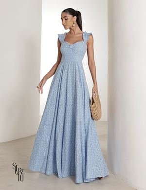Vestido Longo em Laise com Babados Jessica Azul Claro