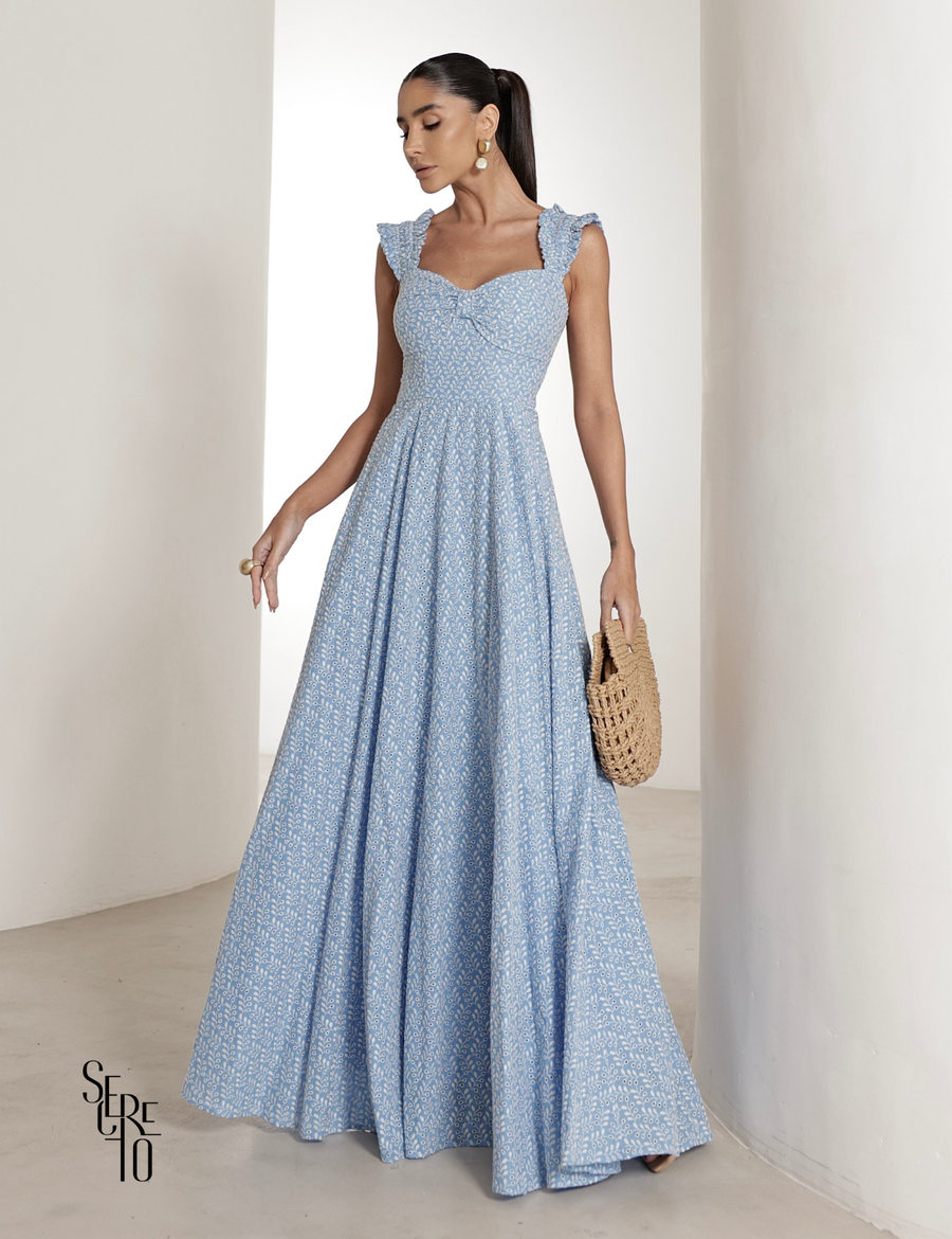 Vestido Longo em Laise com Babados Jessica Azul Claro