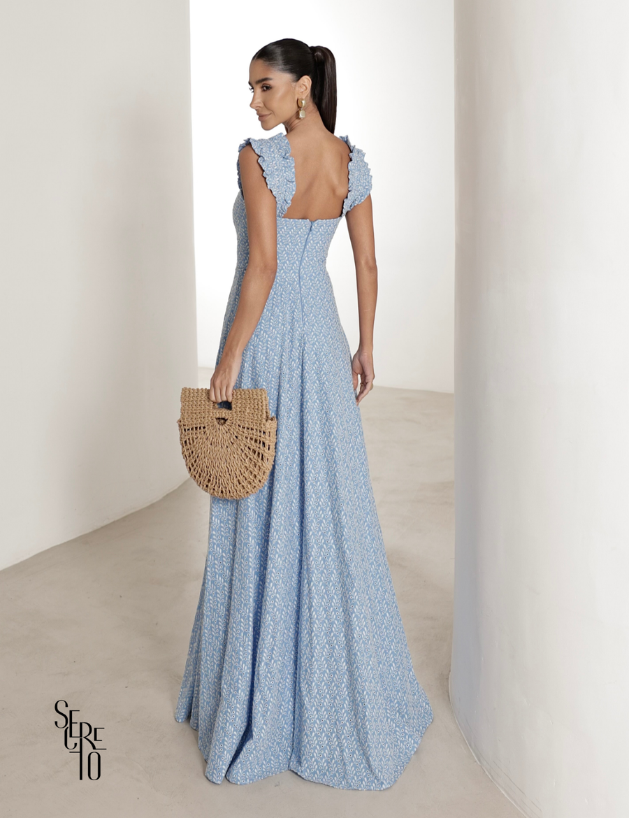 Vestido Longo em Laise com Babados Jessica Azul Claro
