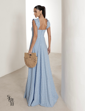 Vestido Longo em Laise com Babados Jessica Azul Claro