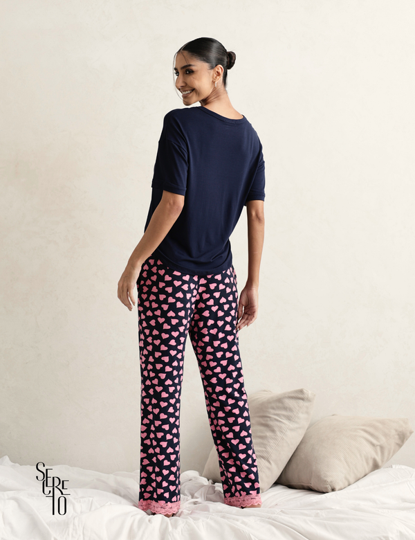 Conjunto Pijama Feminino Blusa e Calça Sofia Azul Marinho