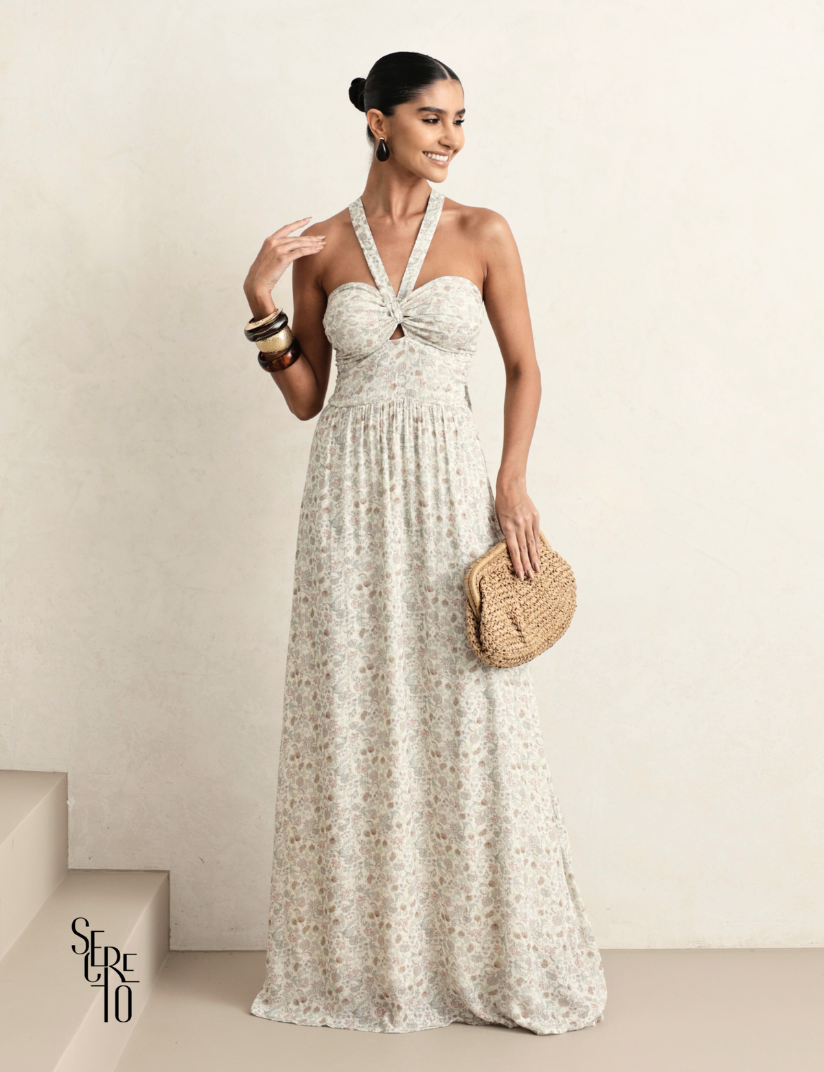 Vestido Longo Floral Beatriz Bege