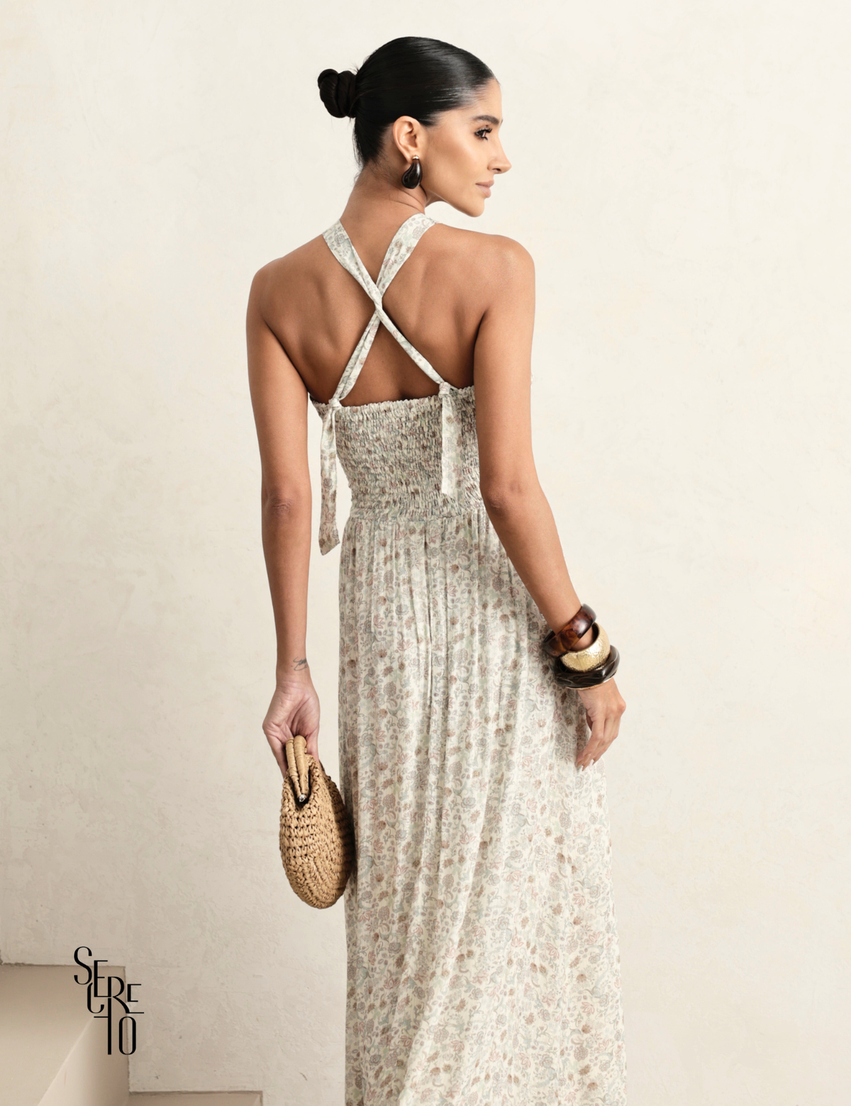 Vestido Longo Floral Beatriz Bege