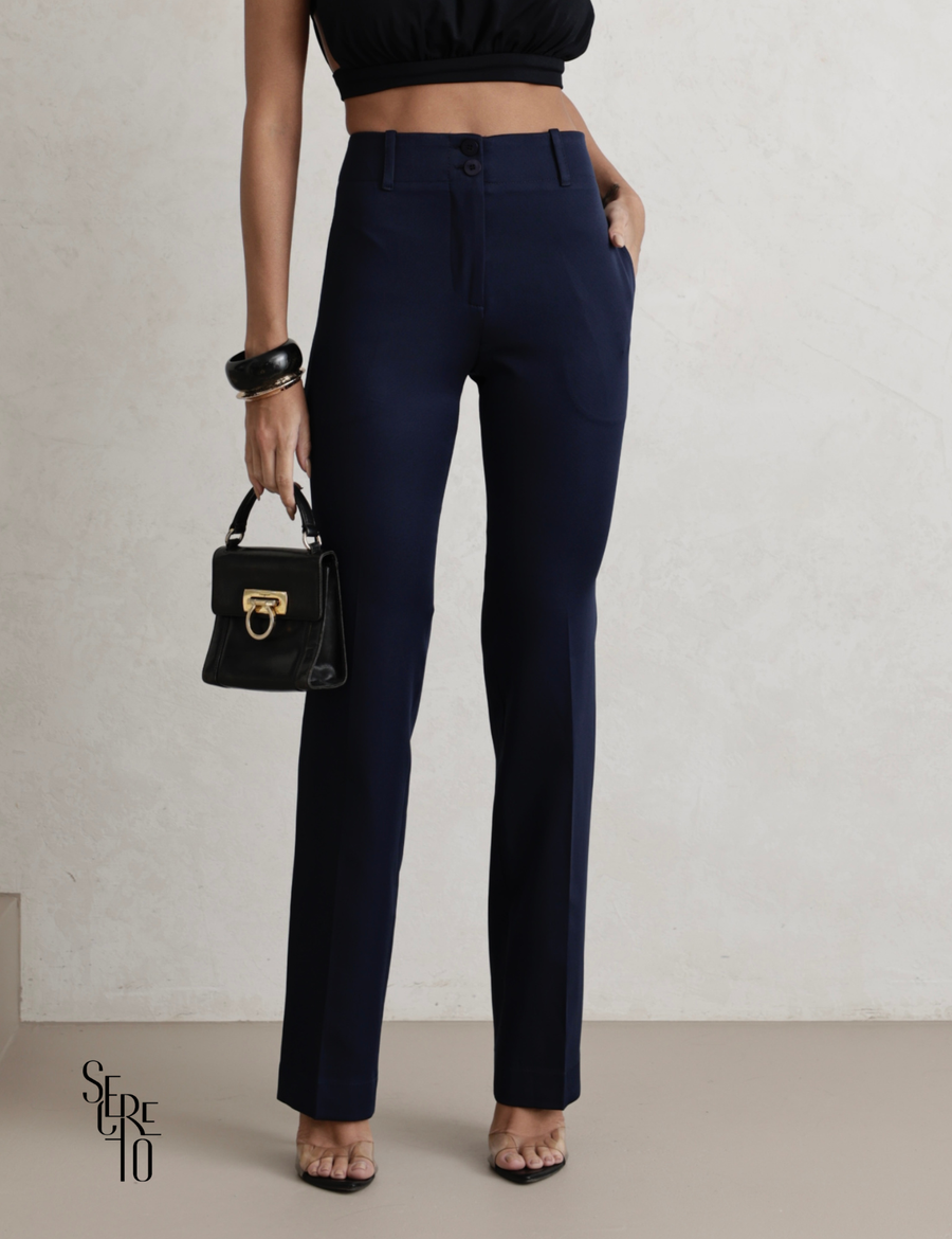 Calça Alfaiataria Dois Botões Semy Azul Marinho