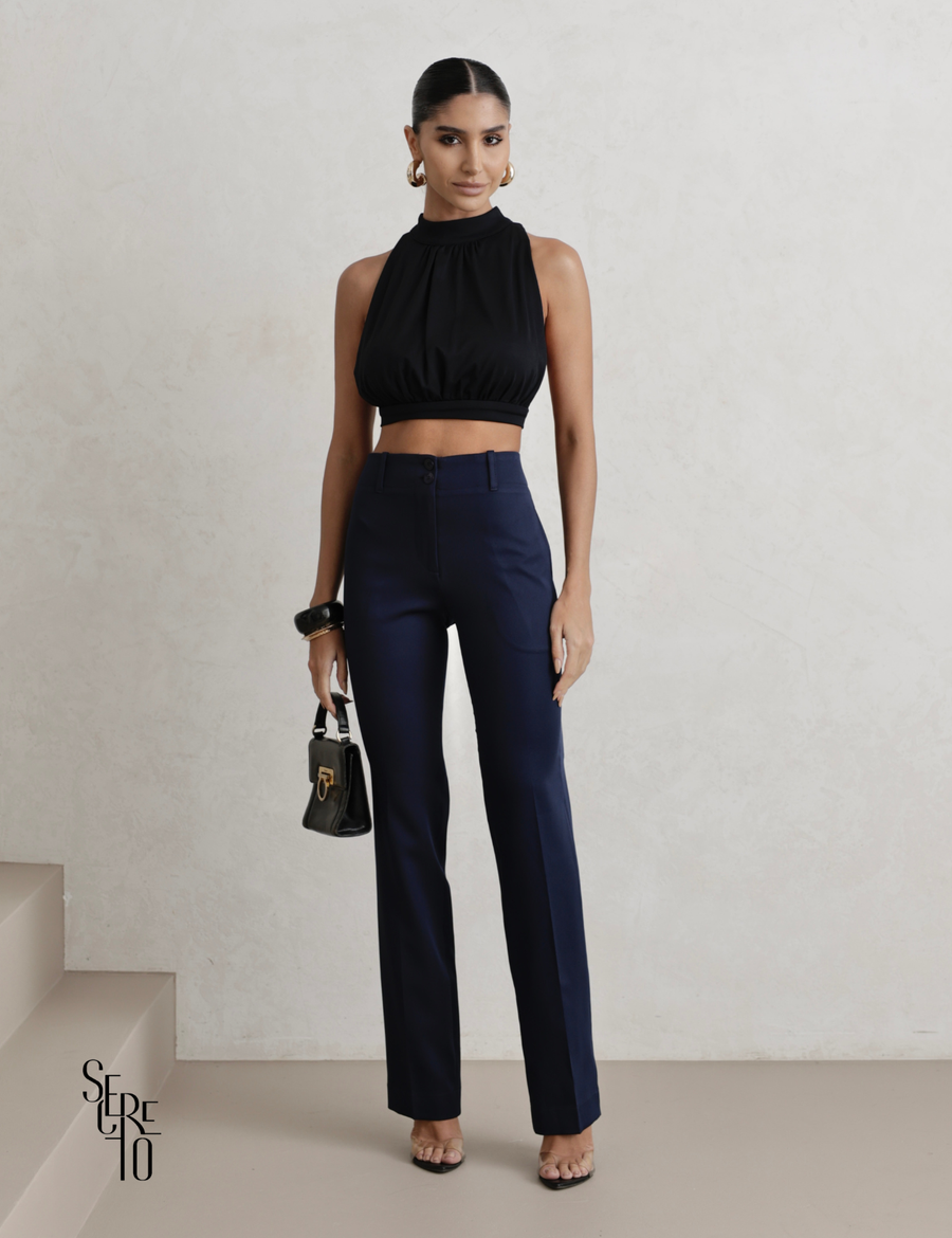 Calça Alfaiataria Dois Botões Semy Azul Marinho