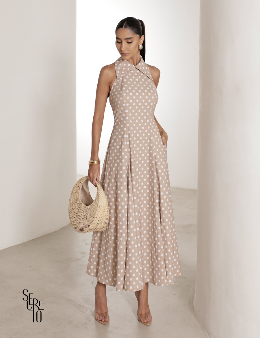 Vestido Midi Gola e Costas Aberta Laura Bege